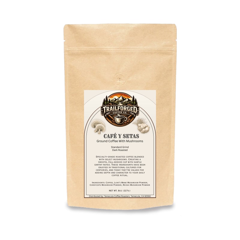 Kraft paper coffee bag with a label on a white background