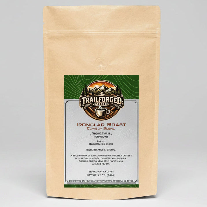 Coffee bag with Trailforged Coffee label on a white background