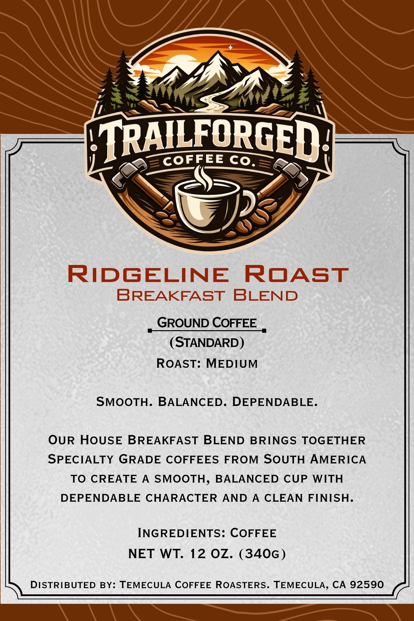 Trailforged Coffee Co. Ridgeline Roast Breakfast Blend label with mountain and coffee cup design.