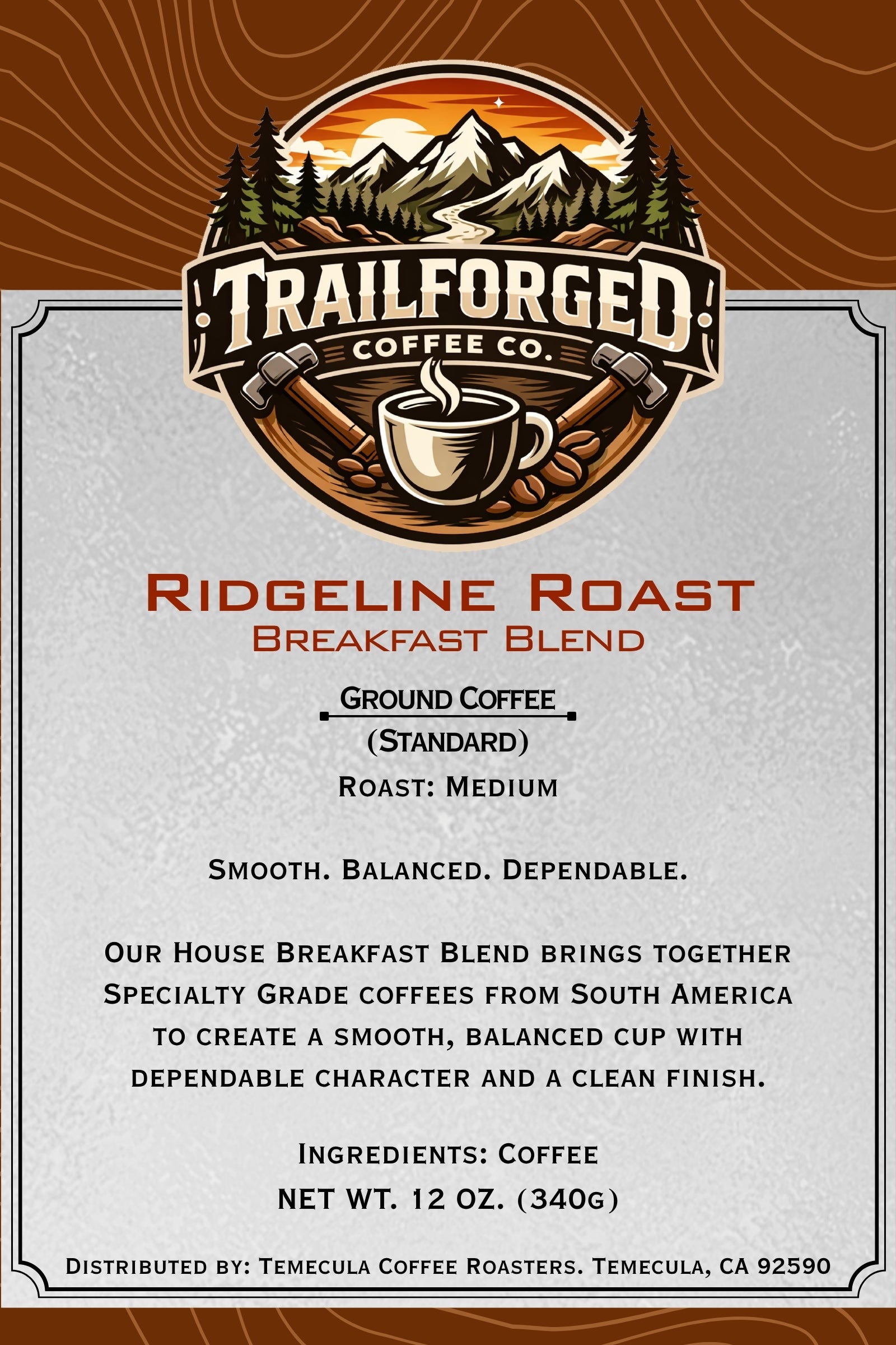 Trailforged Coffee Co. Ridgeline Roast Breakfast Blend label with mountain and coffee cup design.