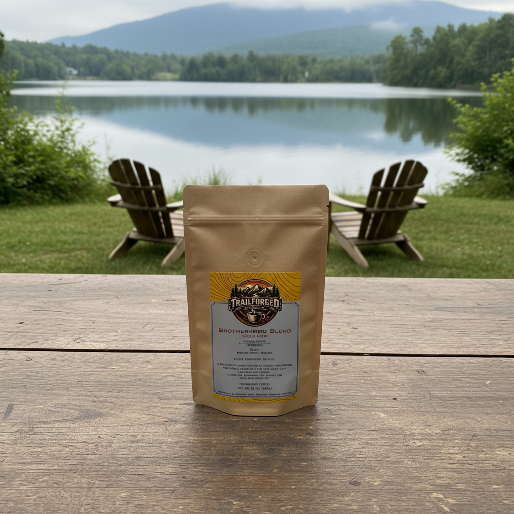 Coffee package on a wooden table by a lake with chairs in the background