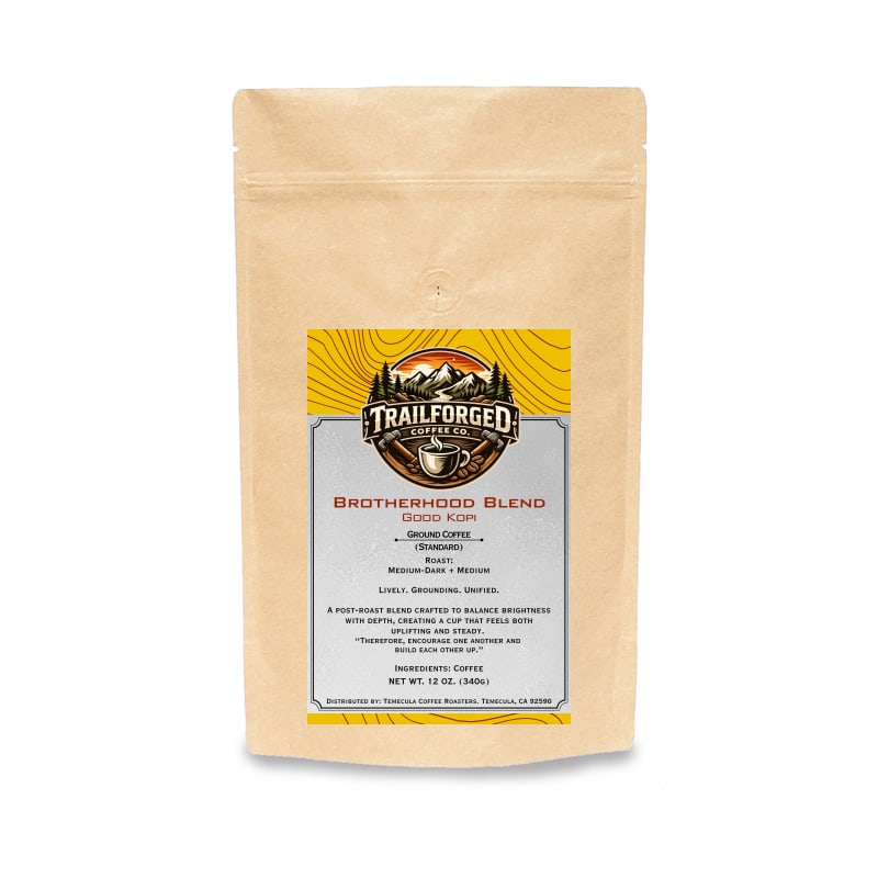 Coffee package with 'Trailforged' label on a white background