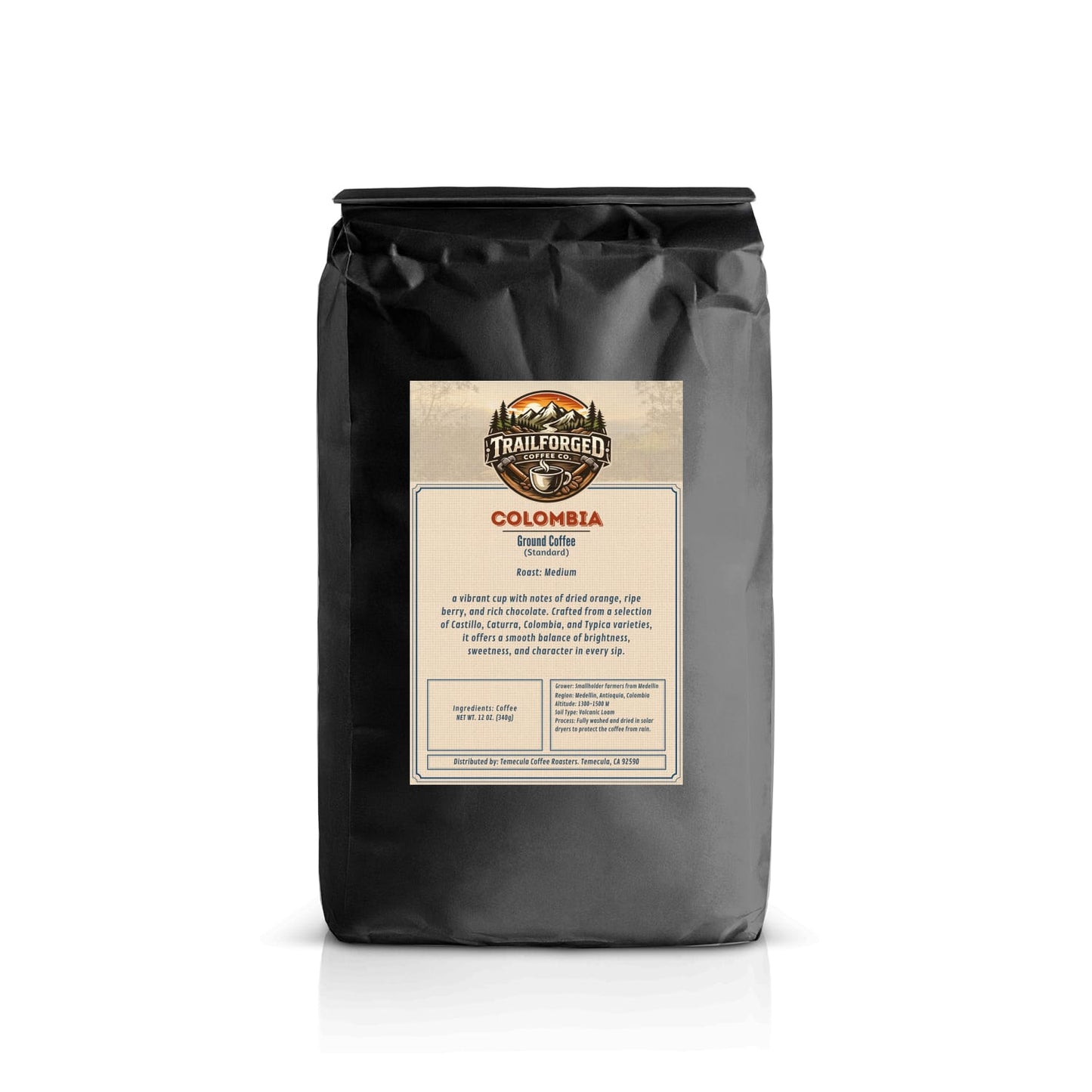 Black coffee bag with a label on a white background
