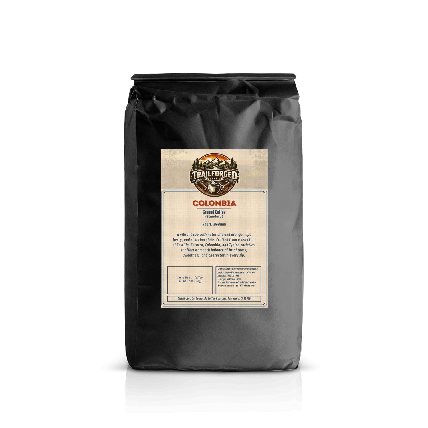 Black coffee bag with a label on a white background