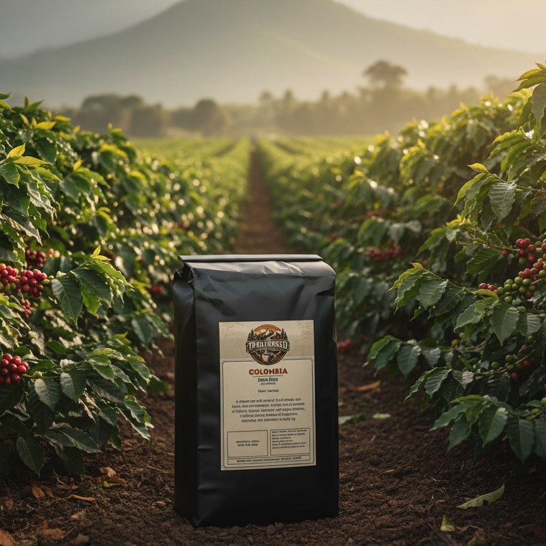 Coffee bag with a label in a coffee plantation with mountains in the background