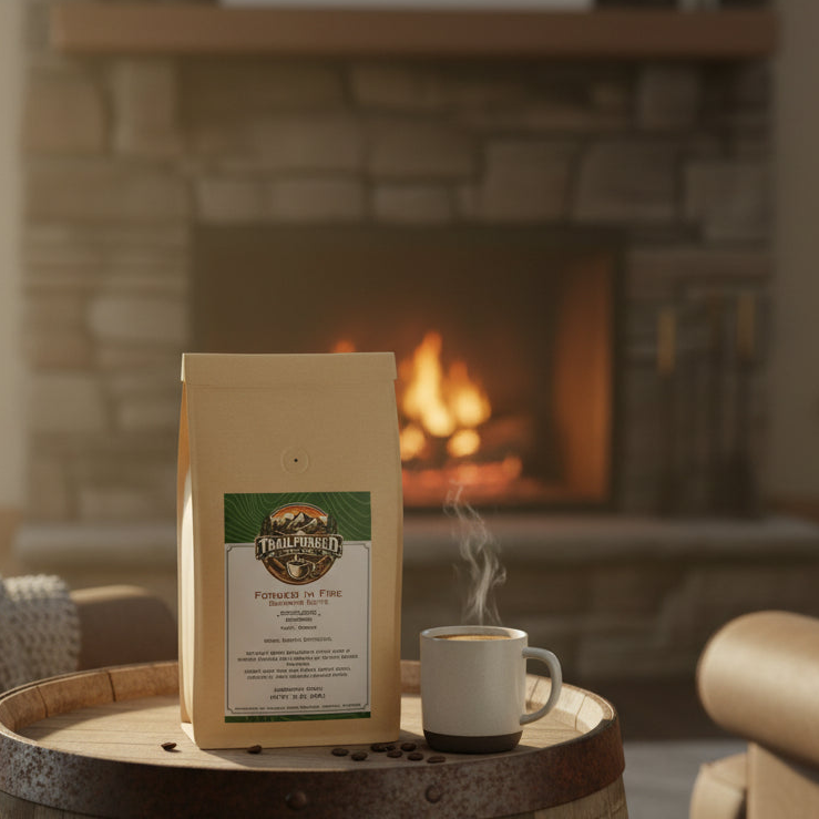 Coffee bag and steaming cup on a wooden table with a fireplace in the background