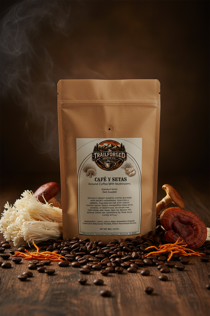 Coffee package with 'Trailforged' label on a wooden surface with coffee beans and mushrooms.