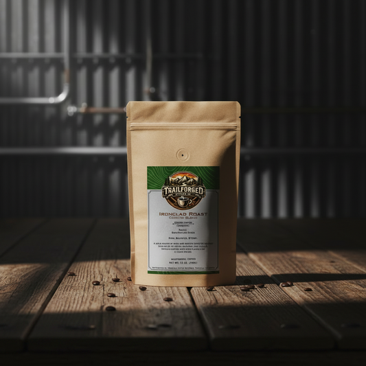 Kraft paper coffee bag with a brand logo on a wooden surface