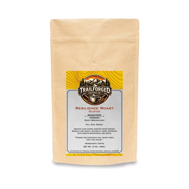 Coffee package with 'Trail forged' label on a white background