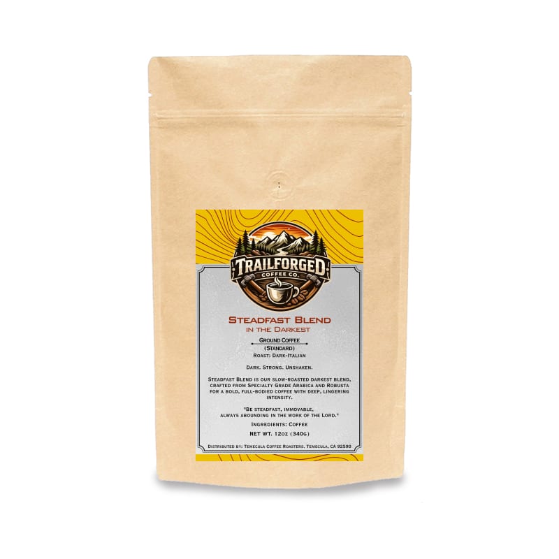 Coffee package with 'Trail forged' label on a white background