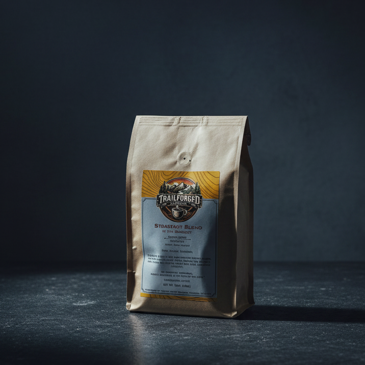 Coffee bag with a label on a dark background