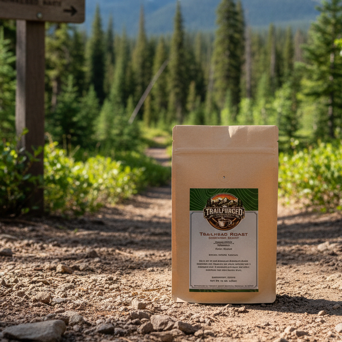 Coffee package on a dirt path with mountains and trees in the background