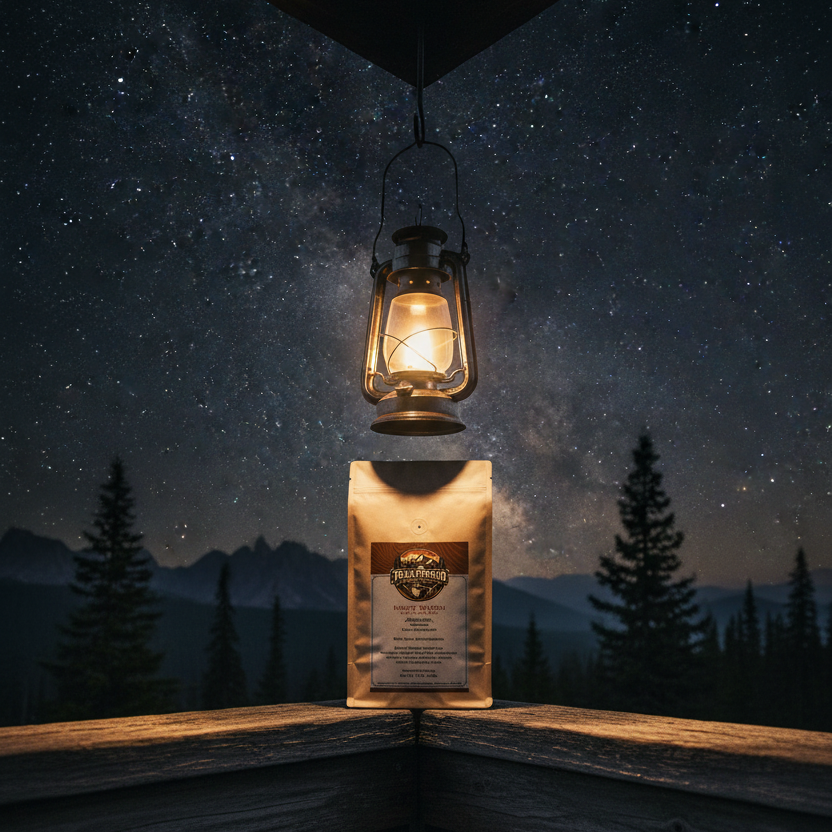 Lighted lantern hanging from a wooden structure with a starry night sky and trees in the background