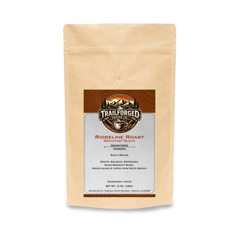 Kraft paper coffee bag with Trail forged label on a white background